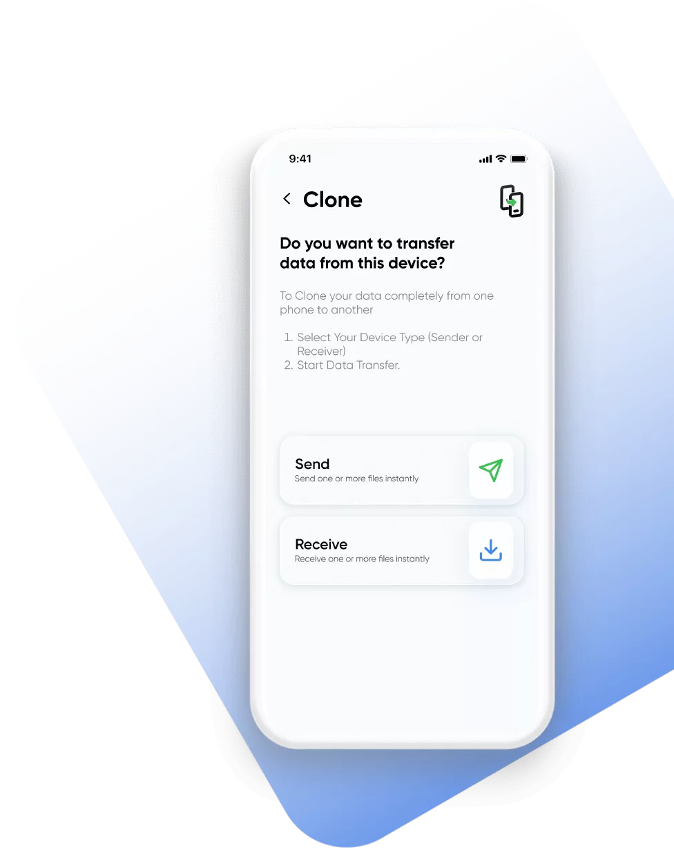 Data clone screen to send or receive files between smartphones